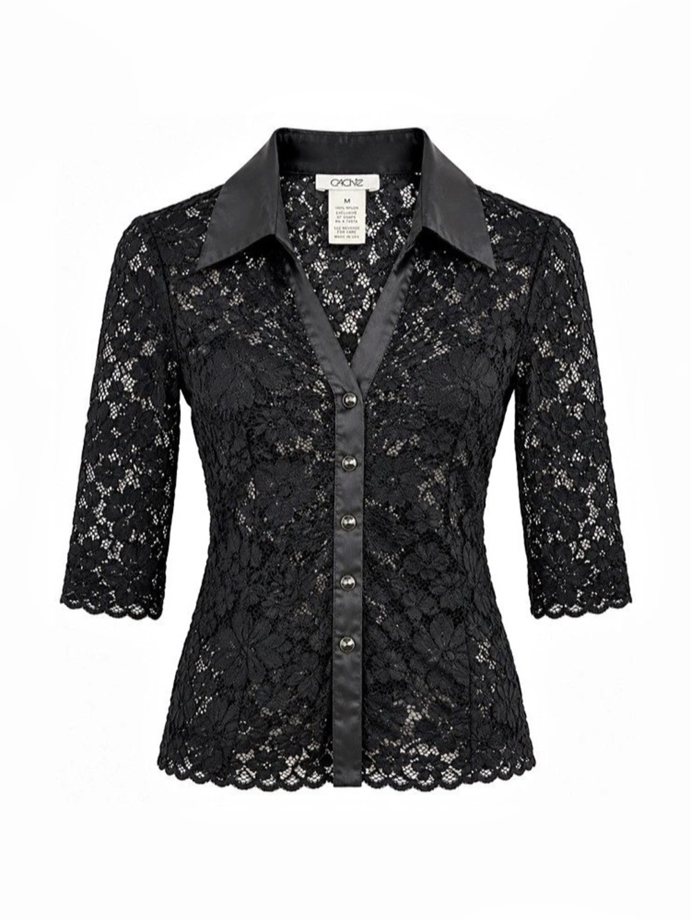Y2K Cache Black Floral Lace Satin Trim Button Front Blouse Size M Made in USA